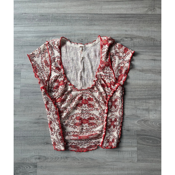 Free People Oh My Baby Mesh Tee L NWOT Sheer Y2K Fairy Grunge Top Red Floral - Picture 4 of 8